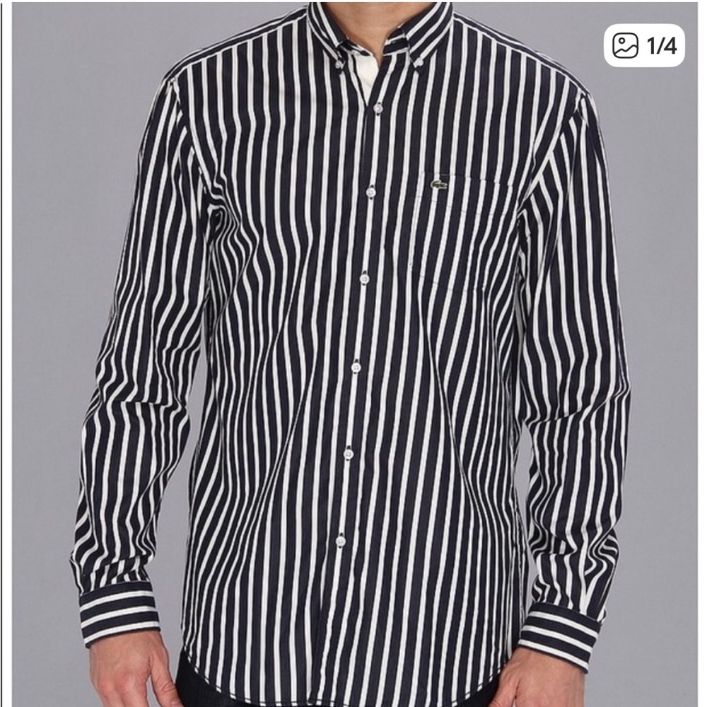 Lacoste Men's Black and White Vertical Stripe Button-Down Shirt | Size 42
